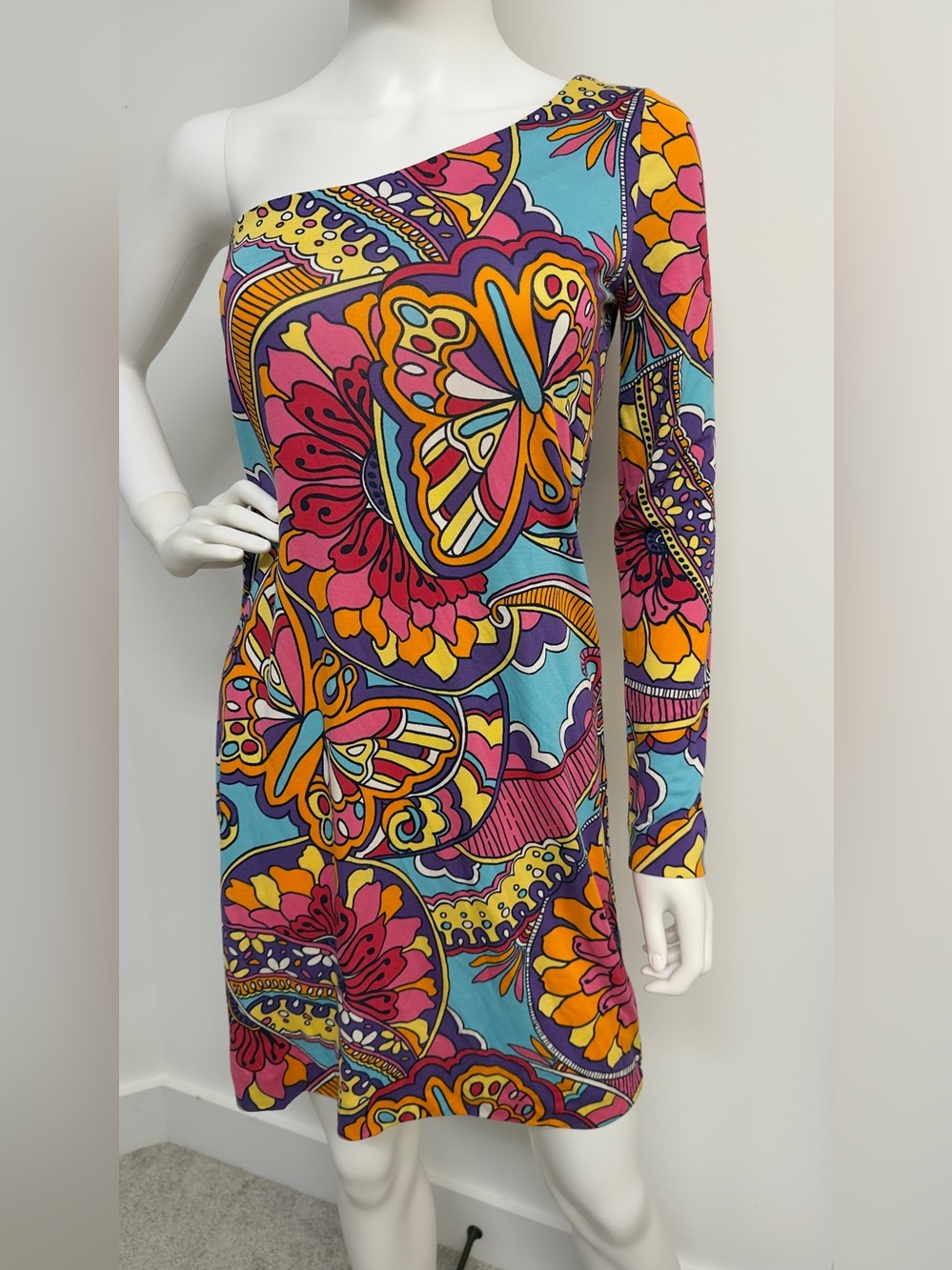 Lilly Pulitzer One Shoulder Butterfly Print Silk Blend Mini Dress Size S